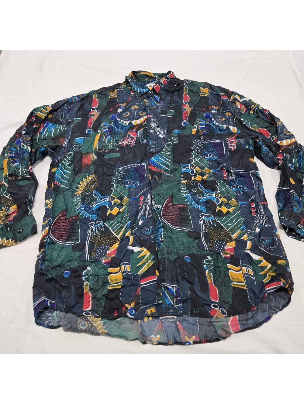 EUC Mens LARGE Vintage Protest 100% Silk Button Up Shirt Long Sleeve Black/Multi